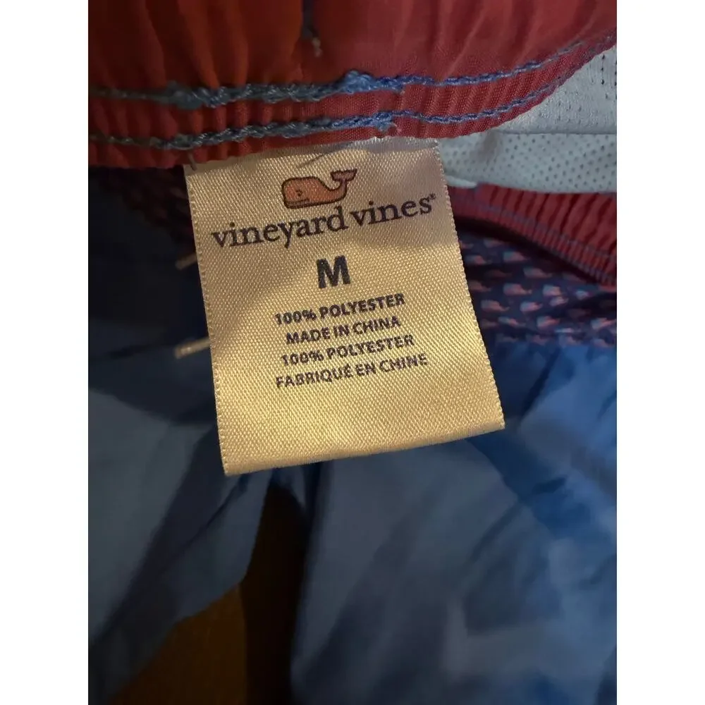 Vineyard Vines Mens M Red Blue Flag Whale Pieced Bungalow Short Swim‎ Trunks